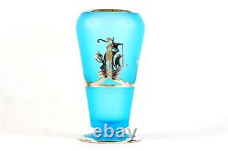 Tiffin Blue Satin Cupped Dahlia Glass Vase Silver Overlay Spanish Galleon 1934