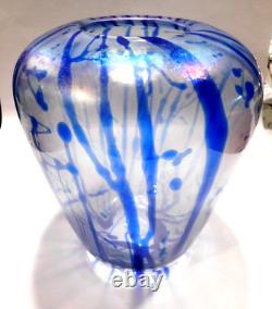 Tim Lazer 1986 Signed Hand Blown Large Blue Translucent Art Glass Vase