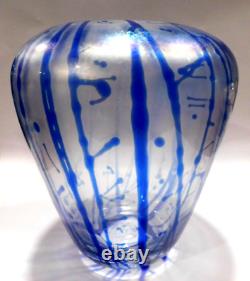 Tim Lazer 1986 Signed Hand Blown Large Blue Translucent Art Glass Vase