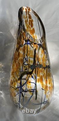 Tim Lazer Art Glass Vase Signed 12 Inch Tall Iridescent Metallic Gold Blue Clear