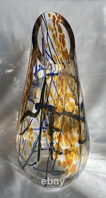 Tim Lazer Art Glass Vase Signed 12 Inch Tall Iridescent Metallic Gold Blue Clear