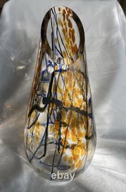 Tim Lazer Art Glass Vase Signed 12 Inch Tall Iridescent Metallic Gold Blue Clear