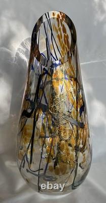Tim Lazer Art Glass Vase Signed 12 Inch Tall Iridescent Metallic Gold Blue Clear
