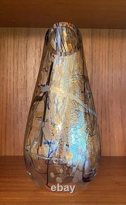 Tim Lazer Art Glass Vase Signed 12 Inch Tall Iridescent Metallic Gold Blue Clear