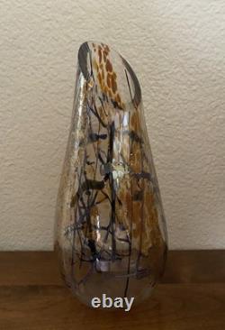 Tim Lazer Art Glass Vase Signed 12 Inch Tall Iridescent Metallic Gold Blue Clear Tim Lazer Art Glass Vase Signed 12 Inch Tall Iridescent Metallic Gold Blue Clear