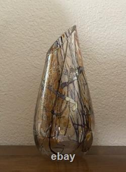 Tim Lazer Art Glass Vase Signed 12 Inch Tall Iridescent Metallic Gold Blue Clear