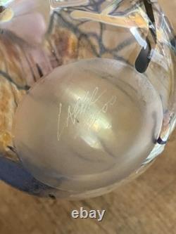Tim Lazer Art Glass Vase Signed 12 Inch Tall Iridescent Metallic Gold Blue Clear