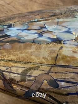 Tim Lazer Art Glass Vase Signed 12 Inch Tall Iridescent Metallic Gold Blue Clear