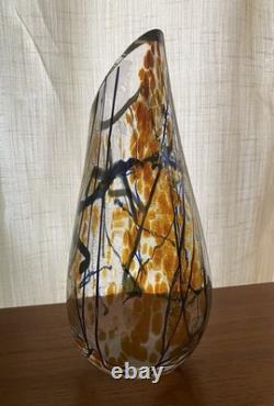 Tim Lazer Art Glass Vase Signed 12 Inch Tall Iridescent Metallic Gold Blue Clear