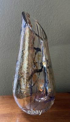 Tim Lazer Art Glass Vase Signed 12 Inch Tall Iridescent Metallic Gold Blue Clear