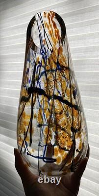 Tim Lazer Art Glass Vase Signed 12 Inch Tall Iridescent Metallic Gold Blue Clear