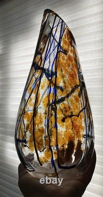 Tim Lazer Art Glass Vase Signed 12 Inch Tall Iridescent Metallic Gold Blue Clear