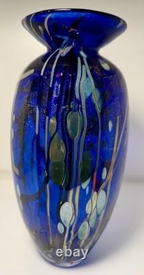 Tim Lazer Blue Art Glass Vase. 12.5 tall. Signed and dated 2001