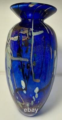 Tim Lazer Blue Art Glass Vase. 12.5 tall. Signed and dated 2001