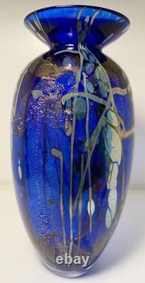 Tim Lazer Blue Art Glass Vase. 12.5 tall. Signed and dated 2001