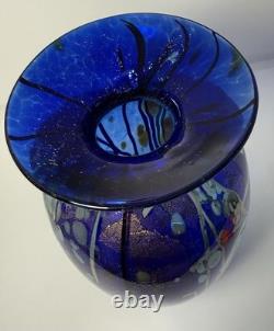 Tim Lazer Blue Art Glass Vase. 12.5 tall. Signed and dated 2001