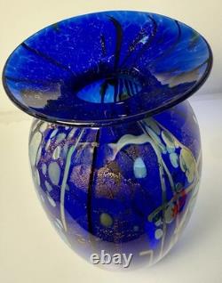 Tim Lazer Blue Art Glass Vase. 12.5 tall. Signed and dated 2001
