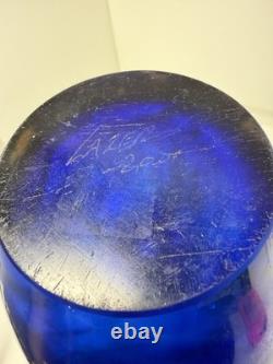 Tim Lazer Blue Art Glass Vase. 12.5 tall. Signed and dated 2001
