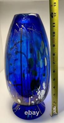Tim Lazer Blue Art Glass Vase. 12.5 tall. Signed and dated 2001