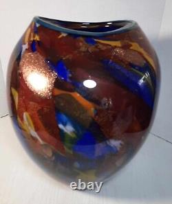 Tim Lazer Extra Large Art Glass Vase Red Blue Yellow Gold Accents Rare