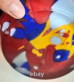 Tim Lazer Extra Large Art Glass Vase Red Blue Yellow Gold Accents Rare