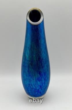 Tim Lazer Iridescent Blue Confetti Art Glass Vase 9 Vintage Signed & Dated 1991