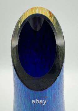 Tim Lazer Iridescent Blue Confetti Art Glass Vase 9 Vintage Signed & Dated 1991