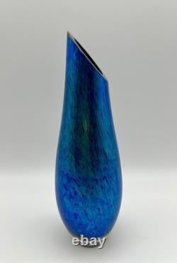 Tim Lazer Iridescent Blue Confetti Art Glass Vase 9 Vintage Signed & Dated 1991