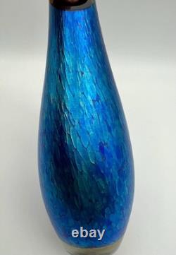 Tim Lazer Iridescent Blue Confetti Art Glass Vase 9 Vintage Signed & Dated 1991