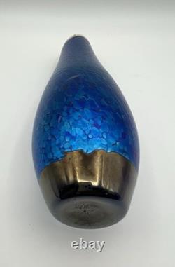 Tim Lazer Iridescent Blue Confetti Art Glass Vase 9 Vintage Signed & Dated 1991