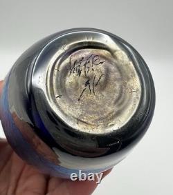 Tim Lazer Iridescent Blue Confetti Art Glass Vase 9 Vintage Signed & Dated 1991