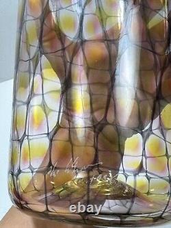 Tom Philabaum Gold Orange Ruby Reptilian Cylinder Vase Blue Rim 1995 Art Glass