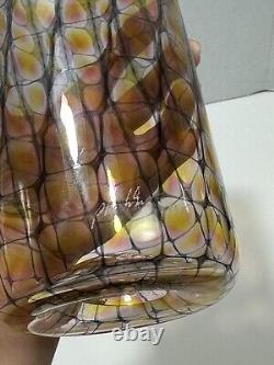 Tom Philabaum Gold Orange Ruby Reptilian Cylinder Vase Blue Rim 1995 Art Glass