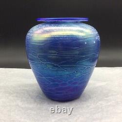 Tom Stoenner 2010 Vintage Signed Art Glass Blue Vase Hand Blown