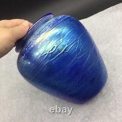 Tom Stoenner 2010 Vintage Signed Art Glass Blue Vase Hand Blown