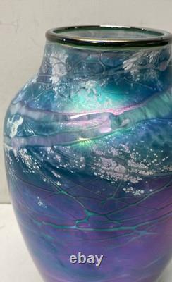 Tom Stoenner Blue Luster Art Glass Vase Hand Blown 14