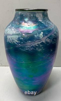 Tom Stoenner Blue Luster Art Glass Vase Hand Blown 14