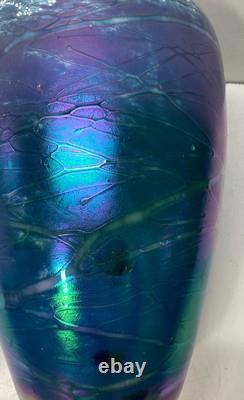 Tom Stoenner Blue Luster Art Glass Vase Hand Blown 14