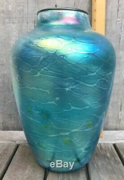 Tom Stoenner Large Lustre Iridescent Blue Handblown Art Glass Vase 1999