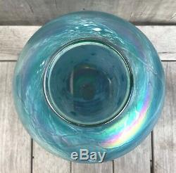 Tom Stoenner Large Lustre Iridescent Blue Handblown Art Glass Vase 1999