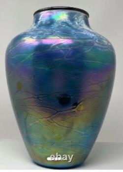 Tom Stoenner Signed 1999 Blown Iridescent Blue & Purple Art Glass Vase, 10 1/2