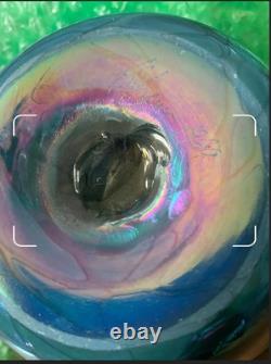 Tom Stoenner Signed 1999 Blown Iridescent Blue & Purple Art Glass Vase, 10 1/2
