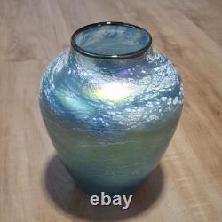 Tom Stoenner Signed Art Glass Vase 2000 Millennium Iridescent Blue Luster 9.5