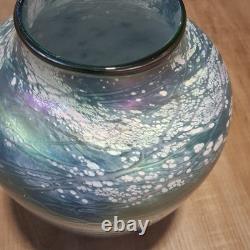 Tom Stoenner Signed Art Glass Vase 2000 Millennium Iridescent Blue Luster 9.5