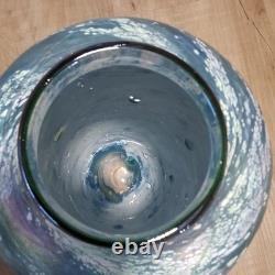 Tom Stoenner Signed Art Glass Vase 2000 Millennium Iridescent Blue Luster 9.5