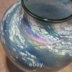 Tom Stoenner Signed Art Glass Vase 2000 Millennium Iridescent Blue Luster 9.5 Tom Stoenner Signed Art Glass Vase 2000 Millennium Iridescent Blue Luster 9.5