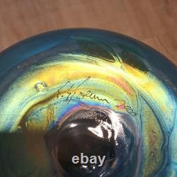 Tom Stoenner Signed Art Glass Vase 2000 Millennium Iridescent Blue Luster 9.5