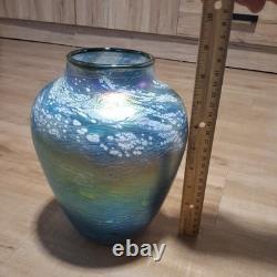 Tom Stoenner Signed Art Glass Vase 2000 Millennium Iridescent Blue Luster 9.5