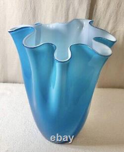 Turquoise Cased Murano Italy Glass Vase WithWhite Sommerso Interior Circa 1960 15