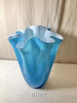 Turquoise Cased Murano Italy Glass Vase WithWhite Sommerso Interior Circa 1960 15